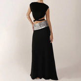 Bandage Tie Up Crop Top & Sequin Strap Long Skirt Set